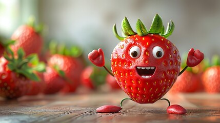 Cartoon strawberry character with open arms and a happy face expression.