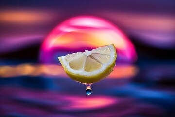 A ripe lemon slice with water droplets floating on neon sunset background. Bright citrus design. Refresh energetic Background with Lemon slice, Lime, Orange. Citrus Fruits Wallpaper for Advertising