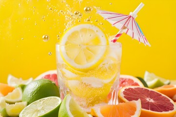 A ripe lemon with water droplets floating on water background. Bright citrus design. Refresh energetic Background with Lemon slice, Lime, Orange. Citrus Fruits Wallpaper for Advertising