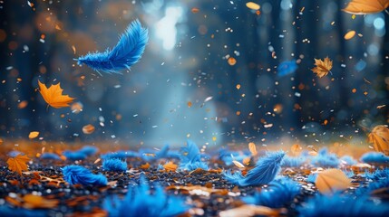   A blue bird flies through a forest of blue and orange leaves, their vibrant hues contrasting beneath its wings Autumnal foliage descends around it, carpeting the ground - obrazy, fototapety, plakaty