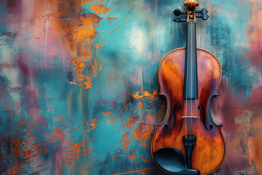 A painting of a violin displayed on a wall, showcasing intricate details of the musical instrument.