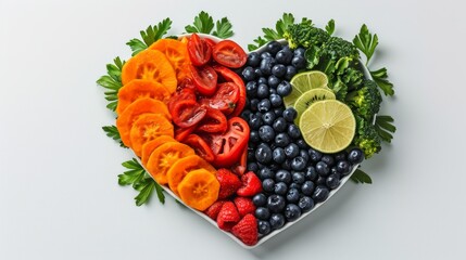 Nutritious foods to eat healthy with fruits and vegetables in heart dishes