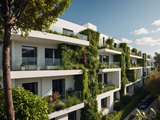 Sustainable housing community featuring modern white buildings intertwined with vibrant green plant walls. Championing ecological balance and green urban environments.
