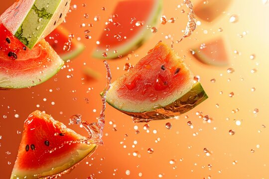 Fresh Watermelon Slices Splashing in Water Droplets on Vibrant Background