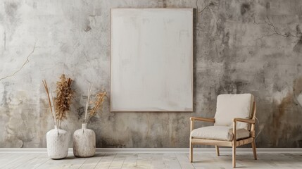 A white framed picture hangs on a wall in a room. A wooden chair is placed in front of the picture. The room has a minimalist and modern feel, with the white frame