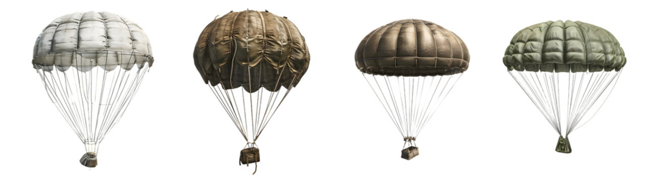 Vintage Military Parachute Illustrated in a Row Isolated on White Background, png.