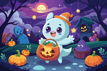 Cute cartoon character holding a pumpkin in a Halloween-themed setting, Cute Ghost's Halloween Quest, Vector Cartoon Illustration with Candy Basket and Pumpkin