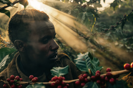 African black farmer or picker working on his coffee farm, closeup detail with morning sunlight rays background, red berries growing on bushes in foreground. Generative AI