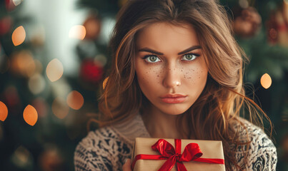 Funny picture of a young grumpy face and unhappy woman holding a present in her hands