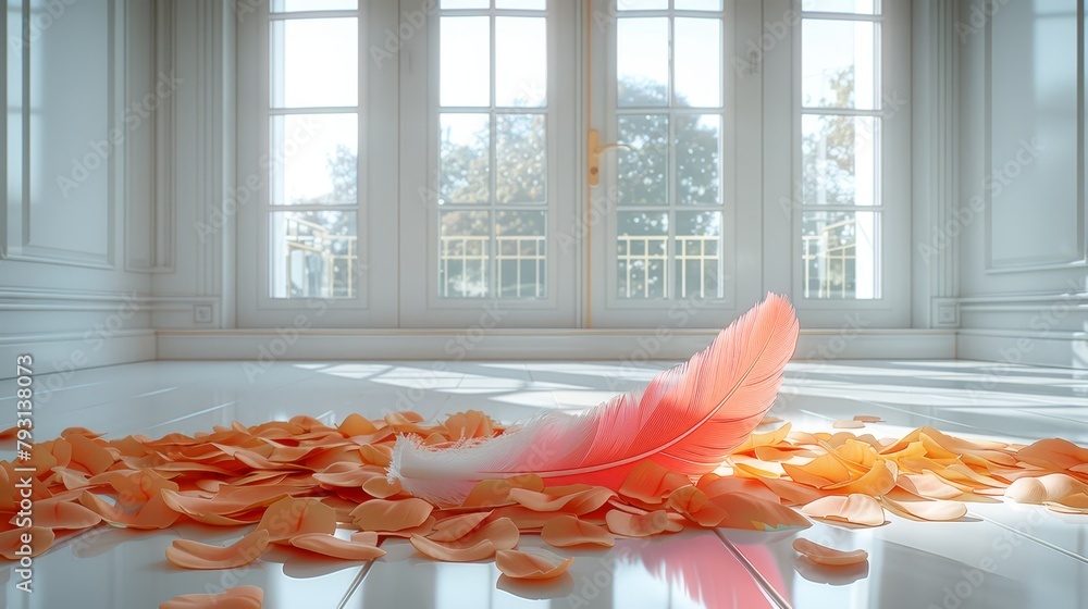 Poster a feather lies on the floor in front of a window, surrounded by a large number of petals
