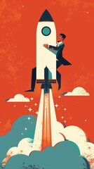 Businessman riding rocket to success