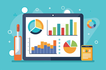 Obraz premium A tablet displaying a data analysis chart, placed next to a pen and a calculator in a workspace, data analysis graphs on tablet, Simple and minimalist flat Vector Illustration