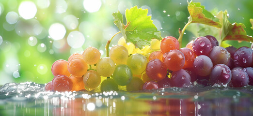 Fresh green grape splashing in water with droplets flying around, vibrant colors. stock photo of water splash with colorfull grape Food Photography. - Powered by Adobe