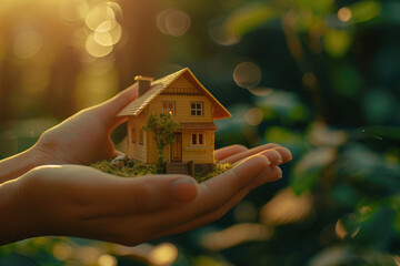 a pair of human hands is presented holding a small, vibrantly colored model house, complete with tiny trees and shrubbery that add to the realism of this tiny ecosystem.