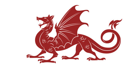 Heraldic winged dragon. Symbol, sign, line, icon, silhouette, tattoo. Red stamp. Isolated vector illustration. New Year 2012, 2024, 2036.