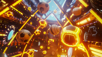 Virtual sports with betting objects flying around in an ultra realistic environment with yellow neon lights and a cinematic effect