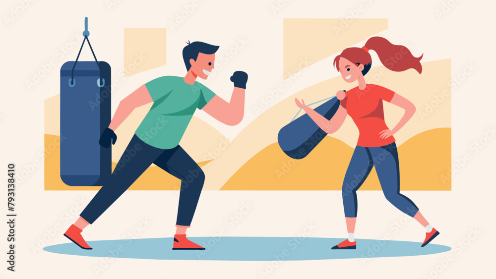 Poster as one student holds a heavy bag their partner practices kicks and strikes building power and techni