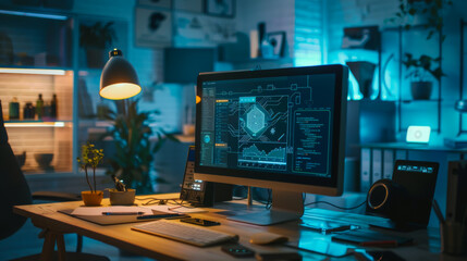 A futuristic workspace with a sleek, minimalistic design, featuring a computer displaying an AI software interface for creating visual mind maps and writing SEO-optimized articles - Powered by Adobe