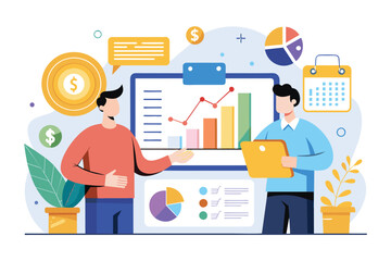 Naklejka premium Two individuals analyzing data on a computer screen for company investment reports, data analysis of company investment reports, Simple and minimalist flat Vector Illustration
