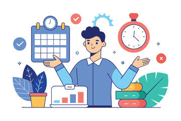 A data analyst is holding a calendar and a clock in his hands, checking and planning schedules and deadlines, Data analyst with calendar and time, Simple and minimalist flat Vector Illustration