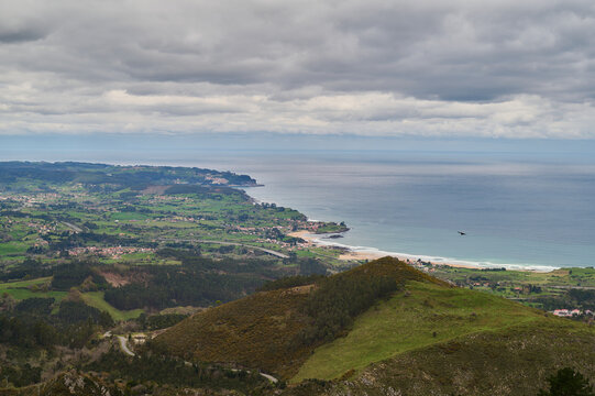 The Mirador del Fito, in Asturias, with panoramic views of the Sueve Natural Reserve, the Ponga Natural Park, the Picos de Europa National Park and the coast of the Cantabrian Sea. Spain