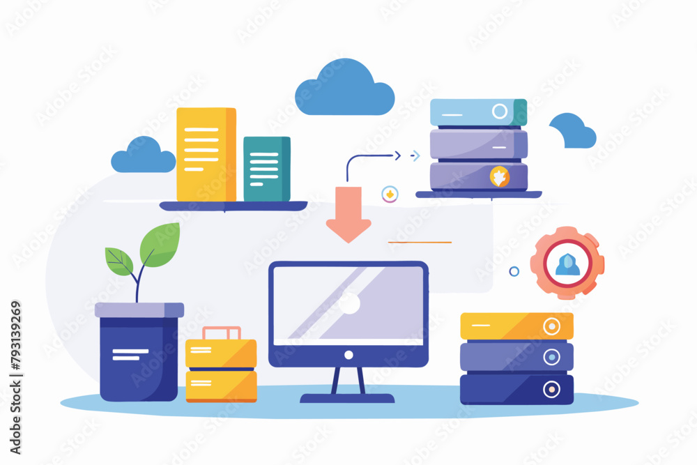 Poster a desktop computer sitting among various stacks of files in an office setting, data backup consultin