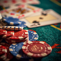 Stack of poker chips  before the poker cards in a casino on the blur background of a green table. Concept of poker game, game business. Playing for money, a big win, a jackpot, gambling