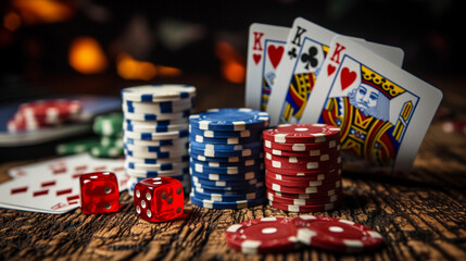 Casino chips and red gaming dice and poker cards, on dark background with bokeh, blur golden background. Concept of casino game poker, card playing, gambling chips banner backdrop background