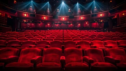 Fototapeta na wymiar Red theater seats under spotlights in a dark auditorium. Concept Theater, Seats, Spotlights, Auditorium, Red
