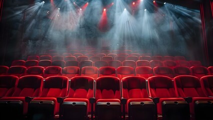 Empty red theater seats under spotlights in a dark auditorium. Concept Theater photography, Empty seats, Spotlights, Dark auditorium - obrazy, fototapety, plakaty