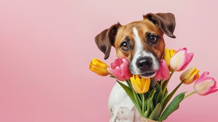 A dog clutches a vibrant bouquet of tulips in its mouth against a soft pink backdrop creating the...