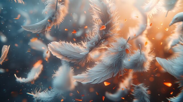   A cluster of white feathers soaring through the air against a sun-lit backdrop, with a softly blurred background