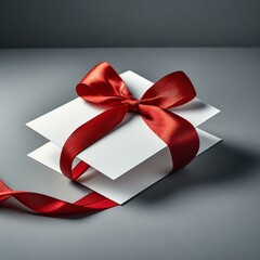 
a blank white gift card tied with a luxurious red ribbon bow, elegantly displayed against a sleek grey backdrop with minimalistic shadow effects.