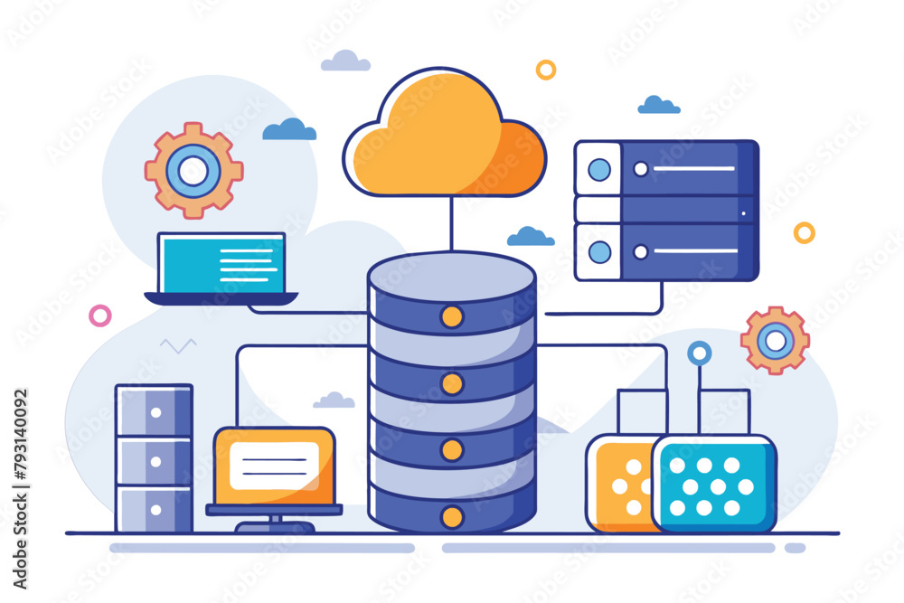 Canvas Prints A stack of data with a cloud hovering above it, Database management system web hosting, Simple and minimalist flat Vector Illustration