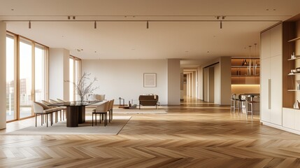 Obraz premium A large, open living room with a wooden floor and a large table. The room is filled with furniture, including chairs, a couch, and a coffee table