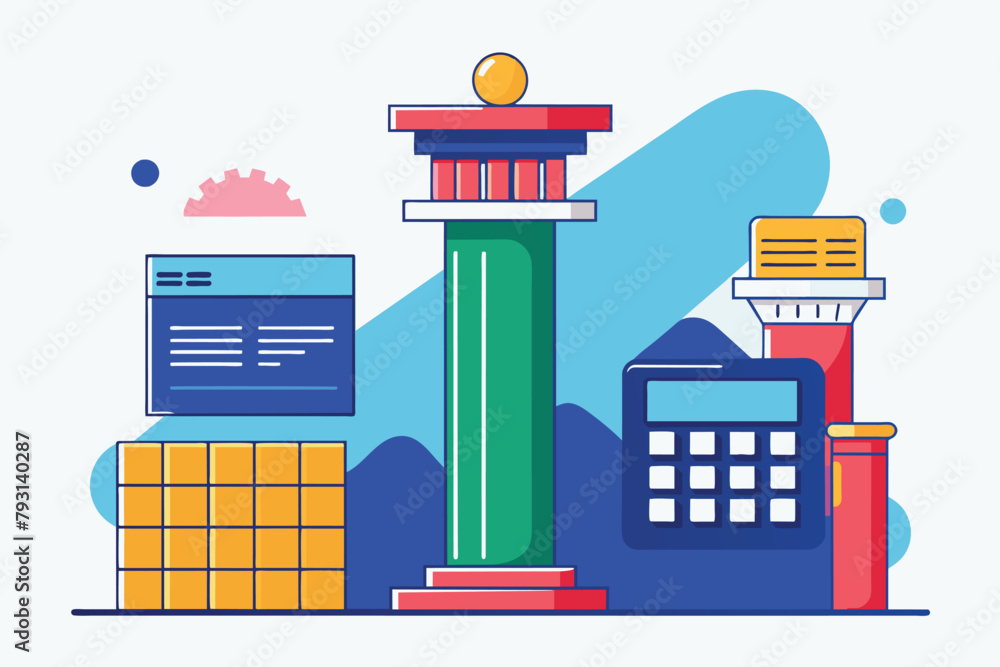 Aufkleber a modern office building with a calculator placed next to it, data column and calculator, simple and