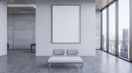 A large white framed picture hangs on the wall of a large room. The room is empty and features a white table and two chairs