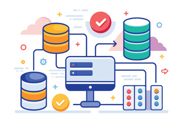 A computer with a stack of data files on top, symbolizing data storage and processing, database synchronization and backup, Simple and minimalist flat Vector Illustration