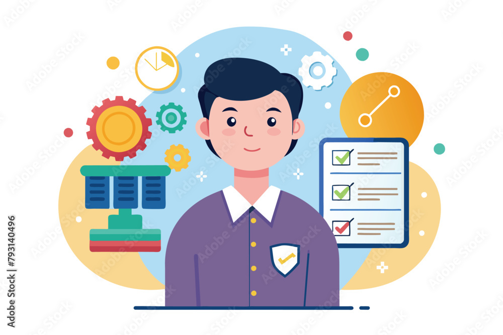Poster a man is standing in front of a clipboard with a checklist on it, data engineer, simple and minimali