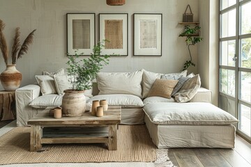 Cozy and stylish living room with beige sofa, wooden furniture, and natural decor