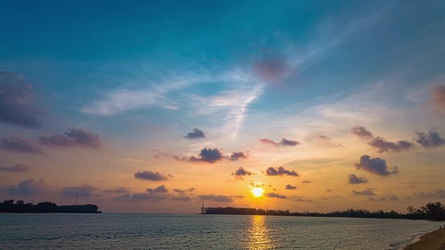
Time lapse clouds float above the sea at sunset. The clouds, illuminated by the setting sun, 
create a beautiful and serene atmosphere. 
The beauty of the moment takes your breath away.
