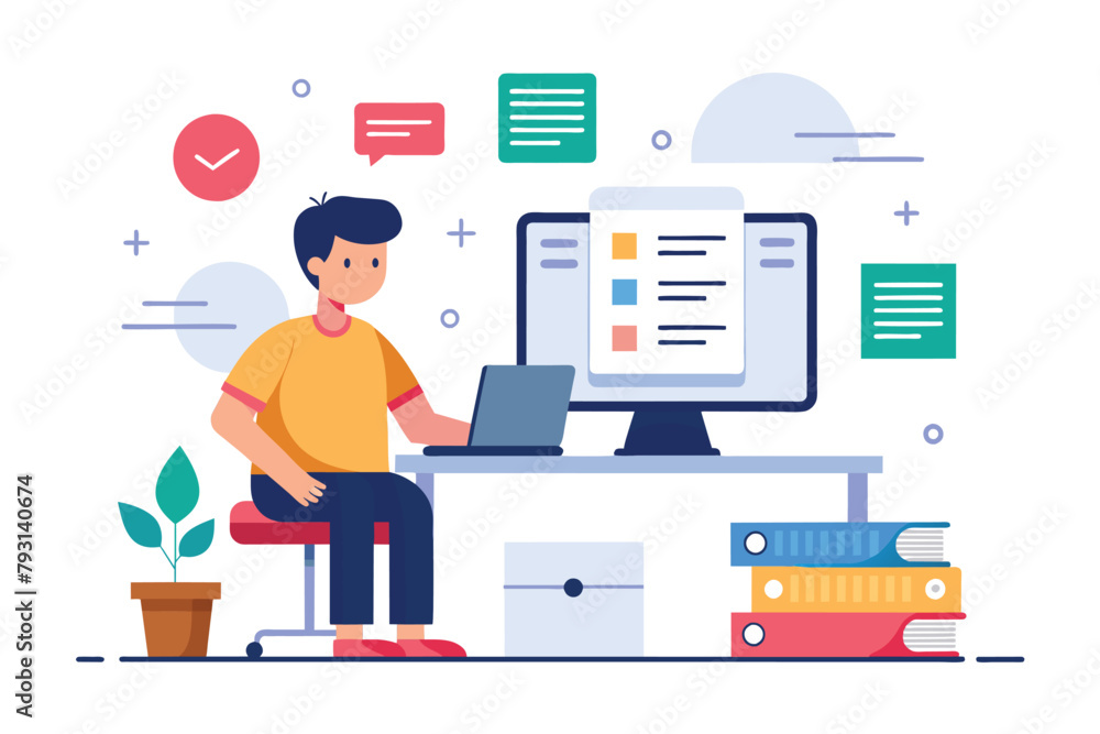 Poster a man sitting at a desk while using a laptop for work or study, data entry activity, simple and mini