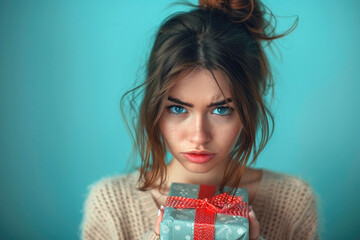 Funny picture of a young grumpy face and unhappy woman holding a present in her hands - obrazy, fototapety, plakaty