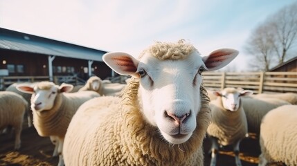Cute curly haired sheep herd stands in large farm yard on sunny day. Small cattle animals graze...