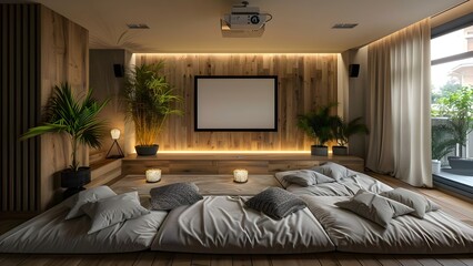 The Ultimate Home Cinema Experience: Spacious and Modern. Concept Home Theater Setup, Modern Projectors, Surround Sound, Comfy Seating, Immersive Viewing