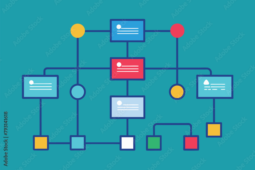 Wall mural simple and minimalist flow diagram in various colors on a vibrant blue background, data flowcharts, 