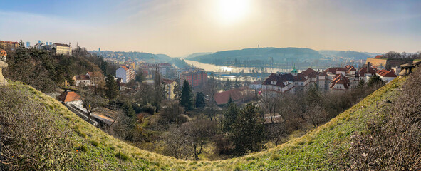 Panorama of Prague in haze in Winter - Podoli quarter and Pankrac