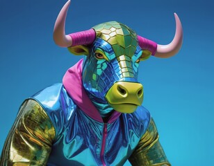 Bull head wearing a shiny and iridescent holographic liquid purple jacket on an isolated blue background. Digital fashion, futuristic vintage style, fashion concept, pet costumes, print