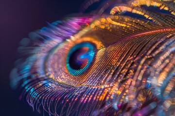 Obraz premium Vibrant Peacock Feather Close-Up with Bokeh Lights