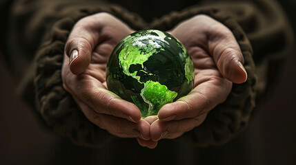 Eco Hands Embracing Green Globe in glass. Protecting Planet Together.Environment Earth Day. 